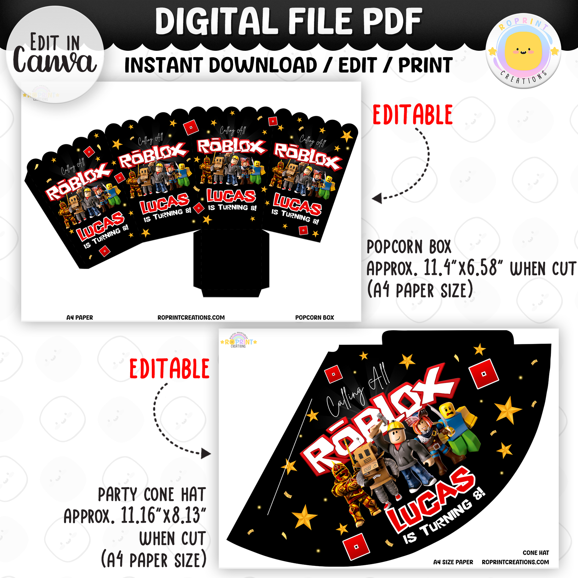 Level up your celebration with this Roblox Birthday Party Collection! Choose from editable party favors and decor, personalize in Canva, then print at home or use professionally for a gamer-themed birthday experience.