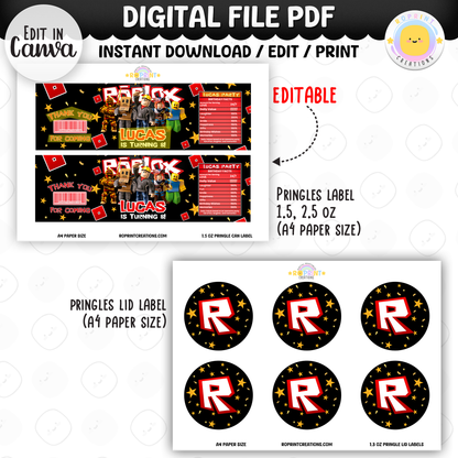 Level up your celebration with this Roblox Birthday Party Collection! Choose from editable party favors and decor, personalize in Canva, then print at home or use professionally for a gamer-themed birthday experience.