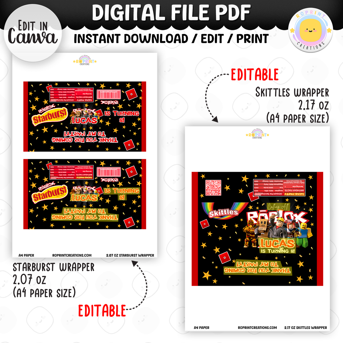Level up your celebration with this Roblox Birthday Party Collection! Choose from editable party favors and decor, personalize in Canva, then print at home or use professionally for a gamer-themed birthday experience.
