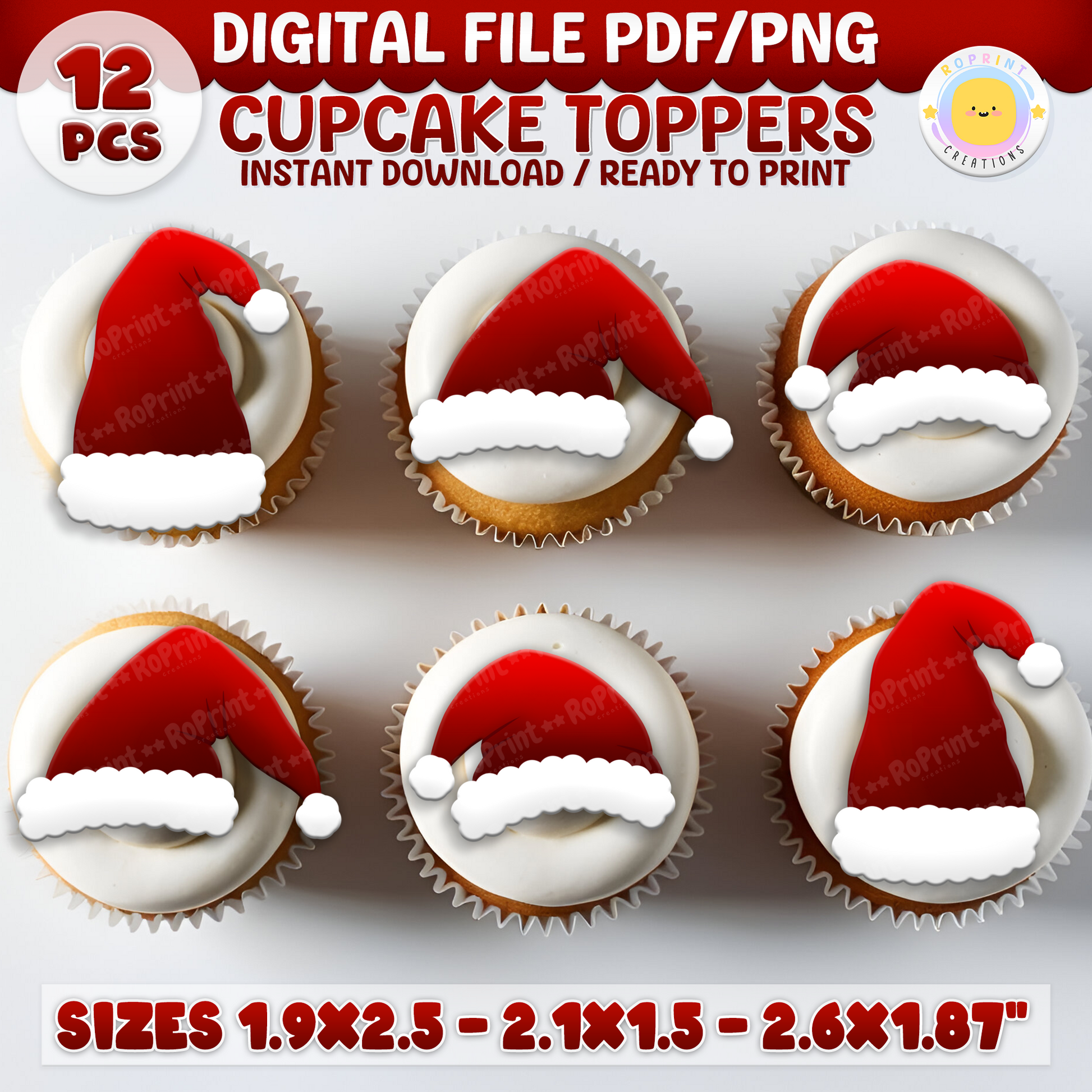 Digital printable Santa hat cupcake toppers, ideal for adding a festive touch to holiday party treats.