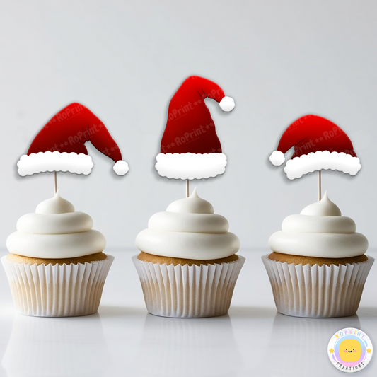 Digital printable Santa hat cupcake toppers, ideal for adding a festive touch to holiday party treats.