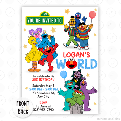 Birthday invitation with colorful Sesame Street characters and text.
