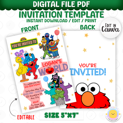 Sesame Street-themed birthday invitation template with Elmo and other characters on a white background.