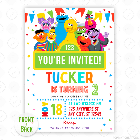 Sesame Street themed birthday invitation with colorful characters and text.