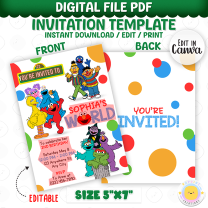 Sesame Street Birthday Invitation - Editable Elmo Kids Party Invite