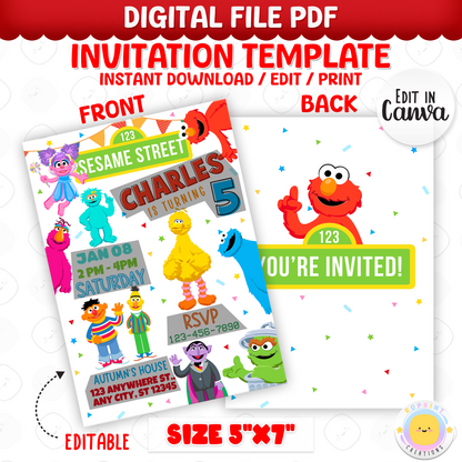 Celebrate with Elmo and friends! This Sesame Street birthday invitation is easy to edit in Canva—print or share digitally in minutes. Instant download