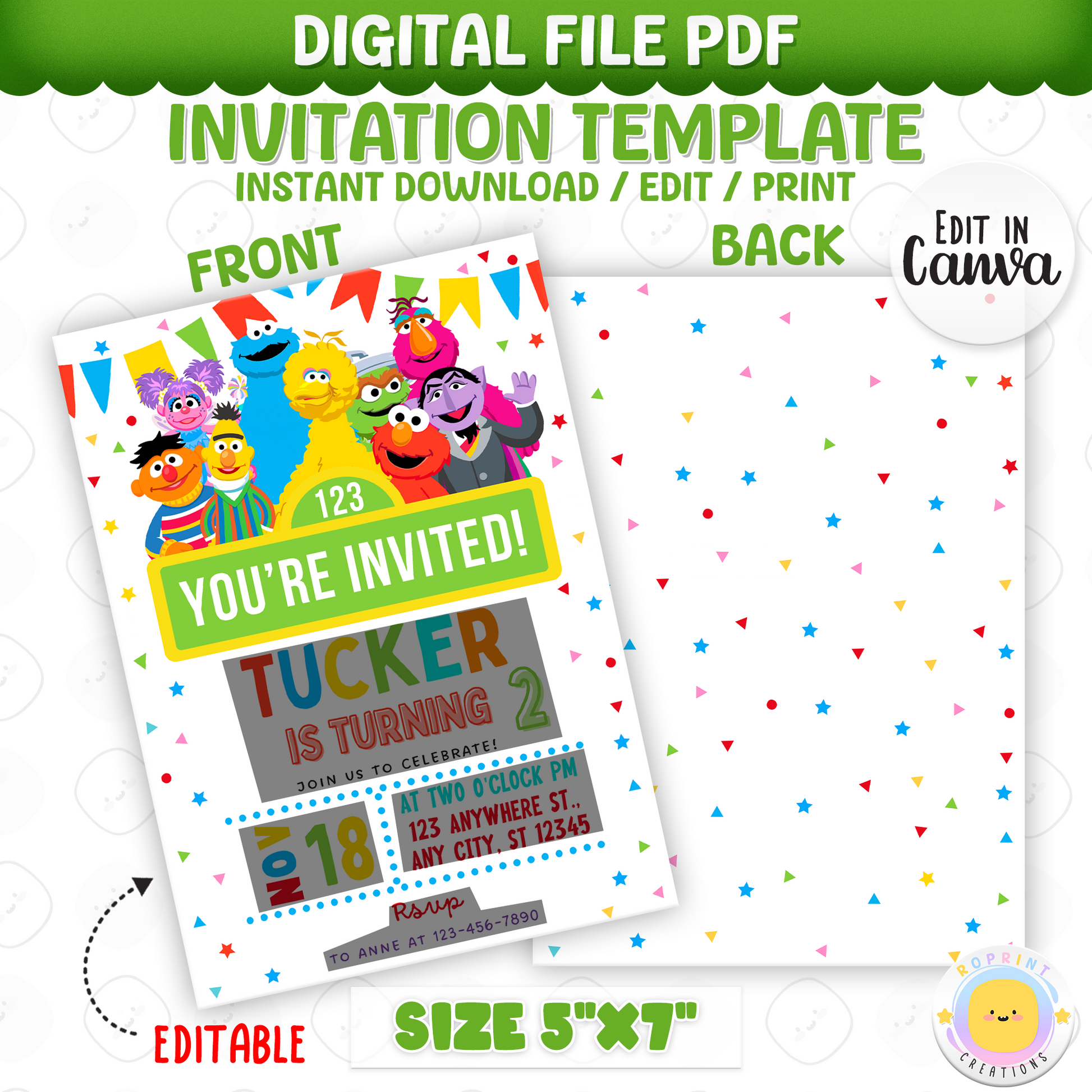 Sesame Street-themed birthday invitation template with colorful design and text.