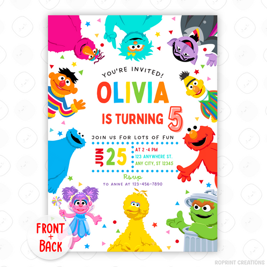 Sesame Street birthday invitation with colorful characters and text.