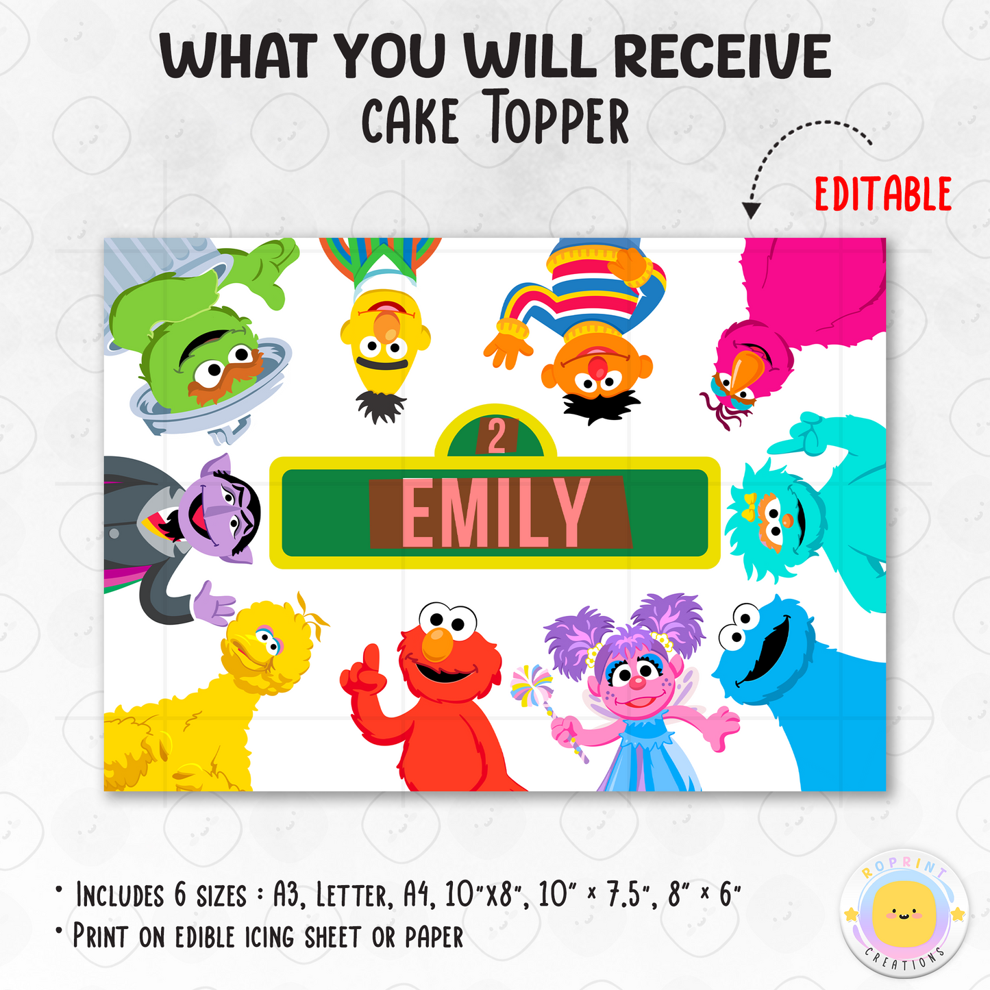 Make your little one’s birthday extra fun with this Sesame Street cake topper! Download, edit, and print to create a colorful and playful party cake decoration. 🎉🟢🟡
