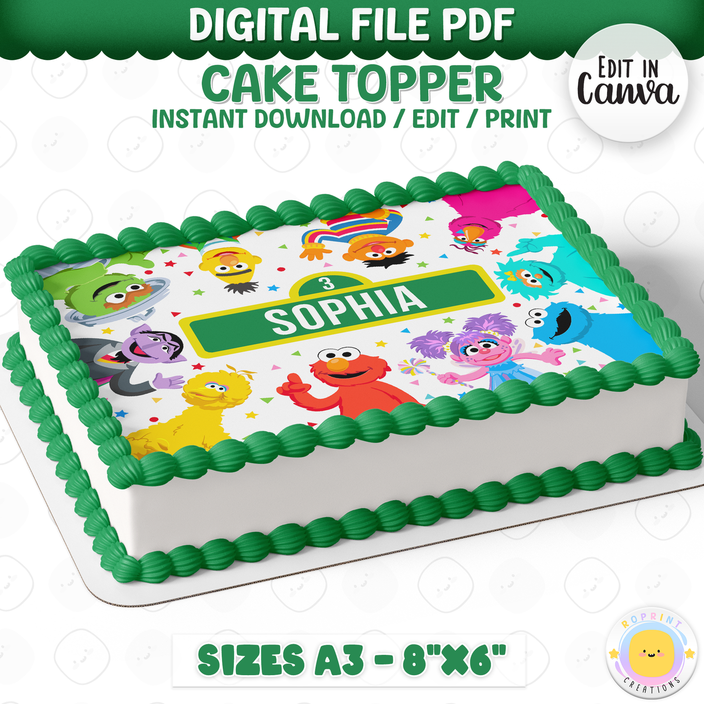 Make your little one’s birthday extra fun with this Sesame Street cake topper! Download, edit, and print to create a colorful and playful party cake decoration. 🎉🟢🟡