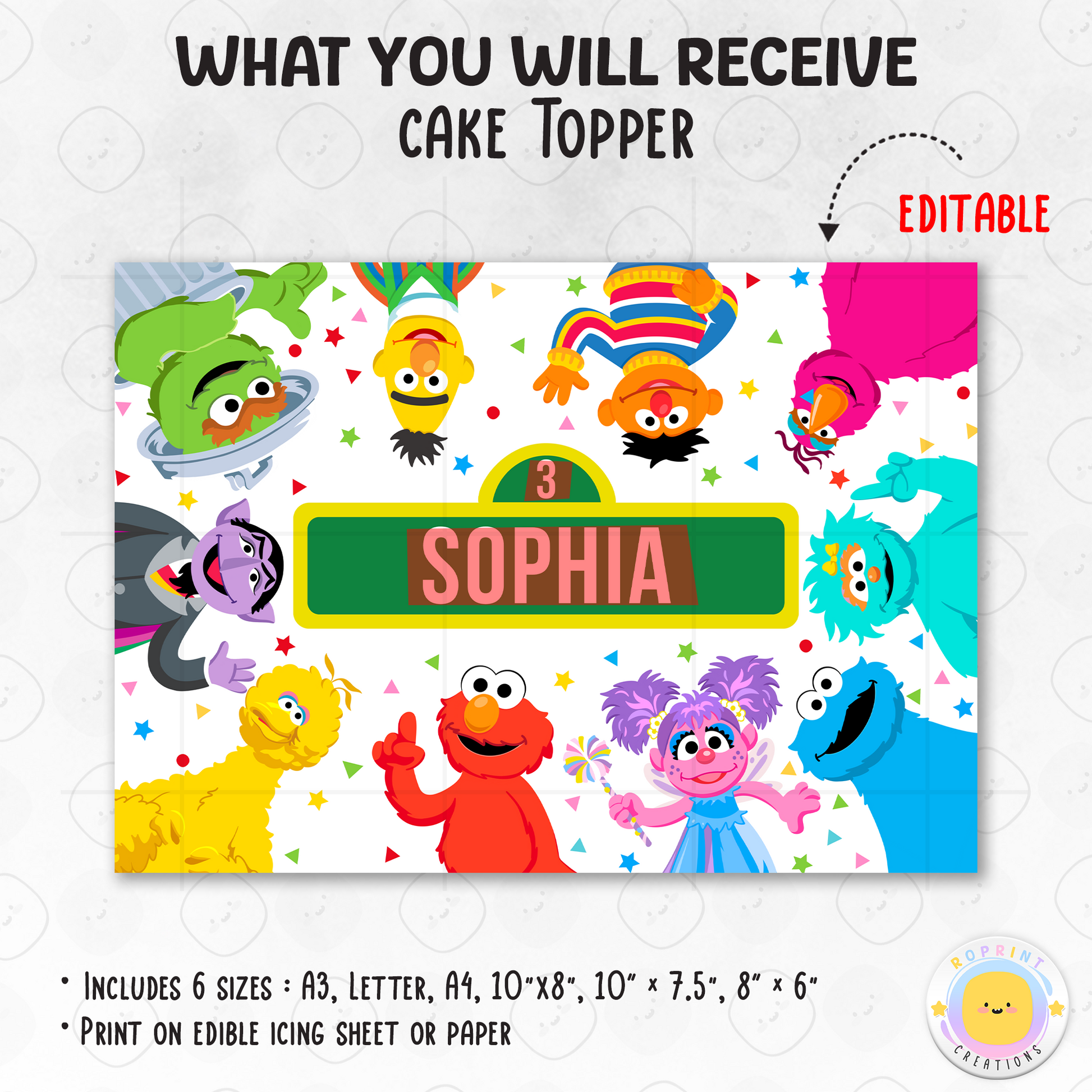 Make your little one’s birthday extra fun with this Sesame Street cake topper! Download, edit, and print to create a colorful and playful party cake decoration. 🎉🟢🟡