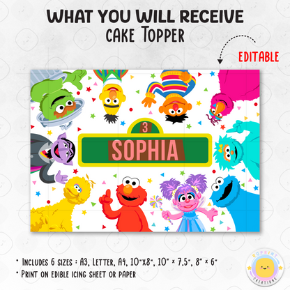Make your little one’s birthday extra fun with this Sesame Street cake topper! Download, edit, and print to create a colorful and playful party cake decoration. 🎉🟢🟡