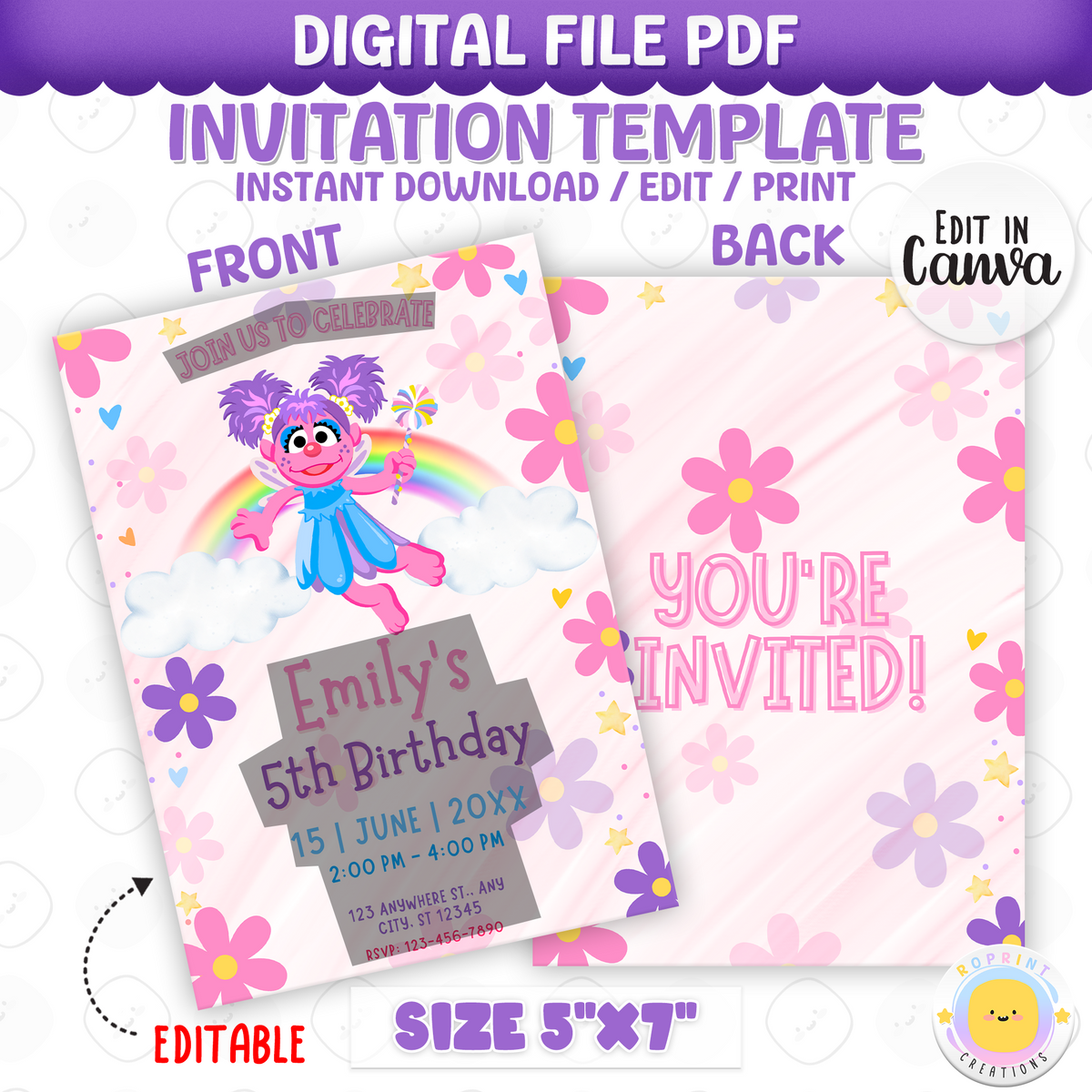 Make her day extra special with this Sesame Street girls’ birthday invitation! Easily edit in Canva, then print or share digitally. Instant download