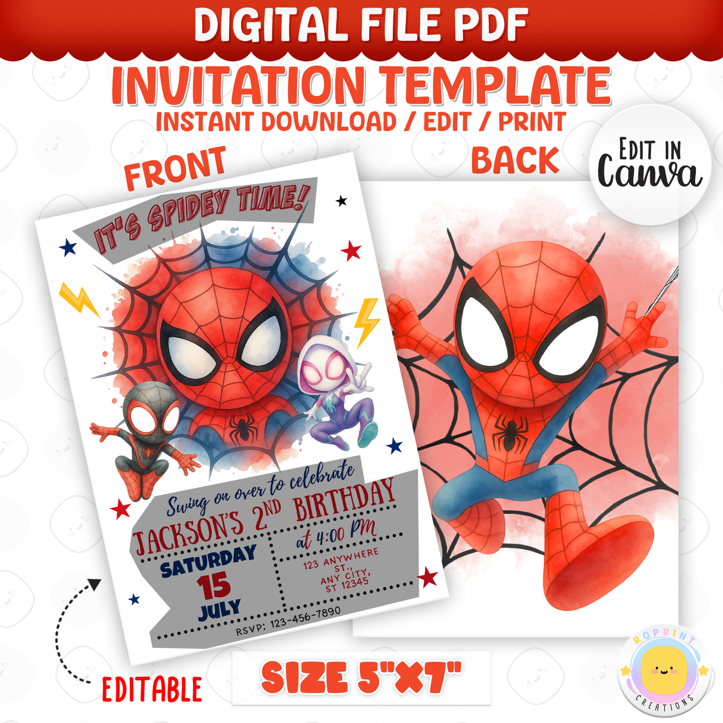 It’s Spidey Time! Join us for an action-packed celebration with this Spidey and Amazing Friends birthday invitation template. Easily edit your party details in Canva, then print or share digitally for the perfect superhero party!