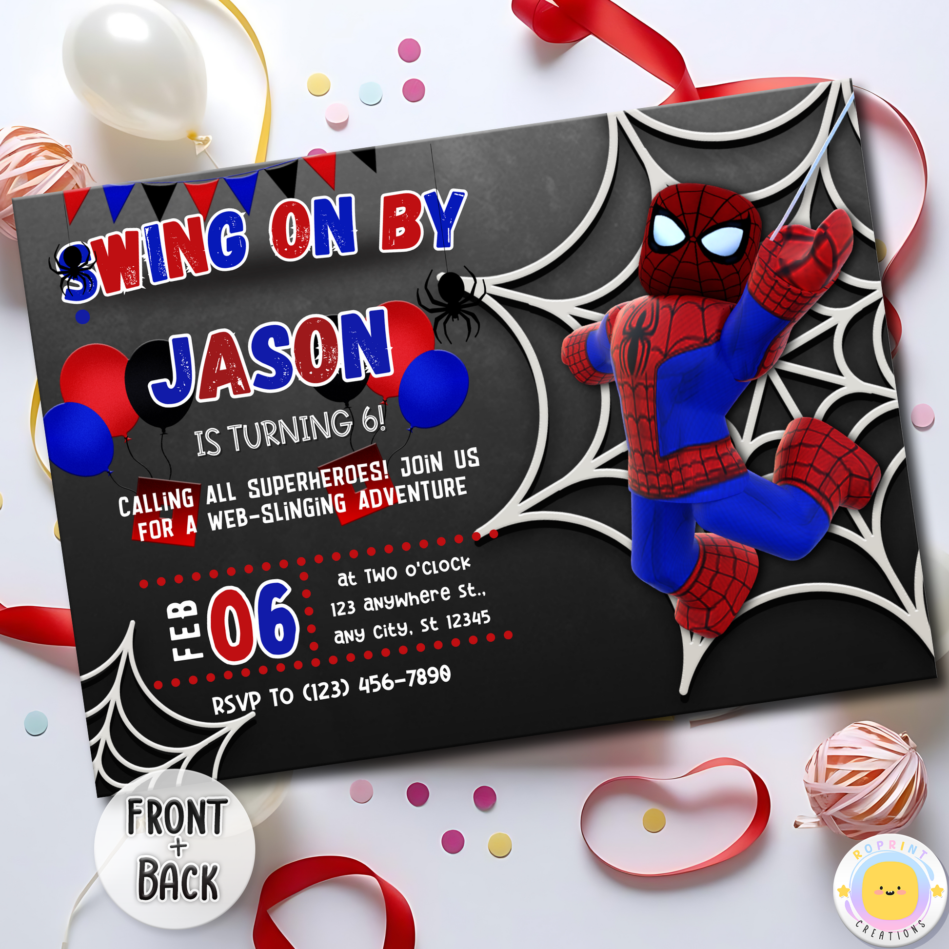 Digital printable Roblox Spiderman inspired birthday invitation, perfect for a superhero-themed kids' birthday party.