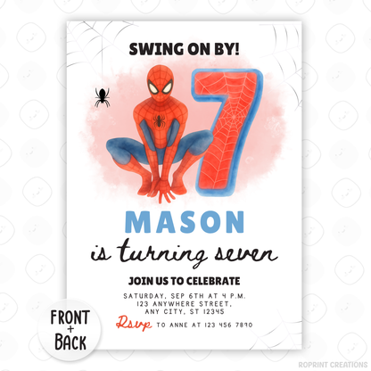 Swing on by for a superhero celebration with this Spiderman birthday invitation template! Easily customize your party details in Canva, then print or share digitally with friends and family. Perfect for Spiderman-themed birthday parties and superhero fans!