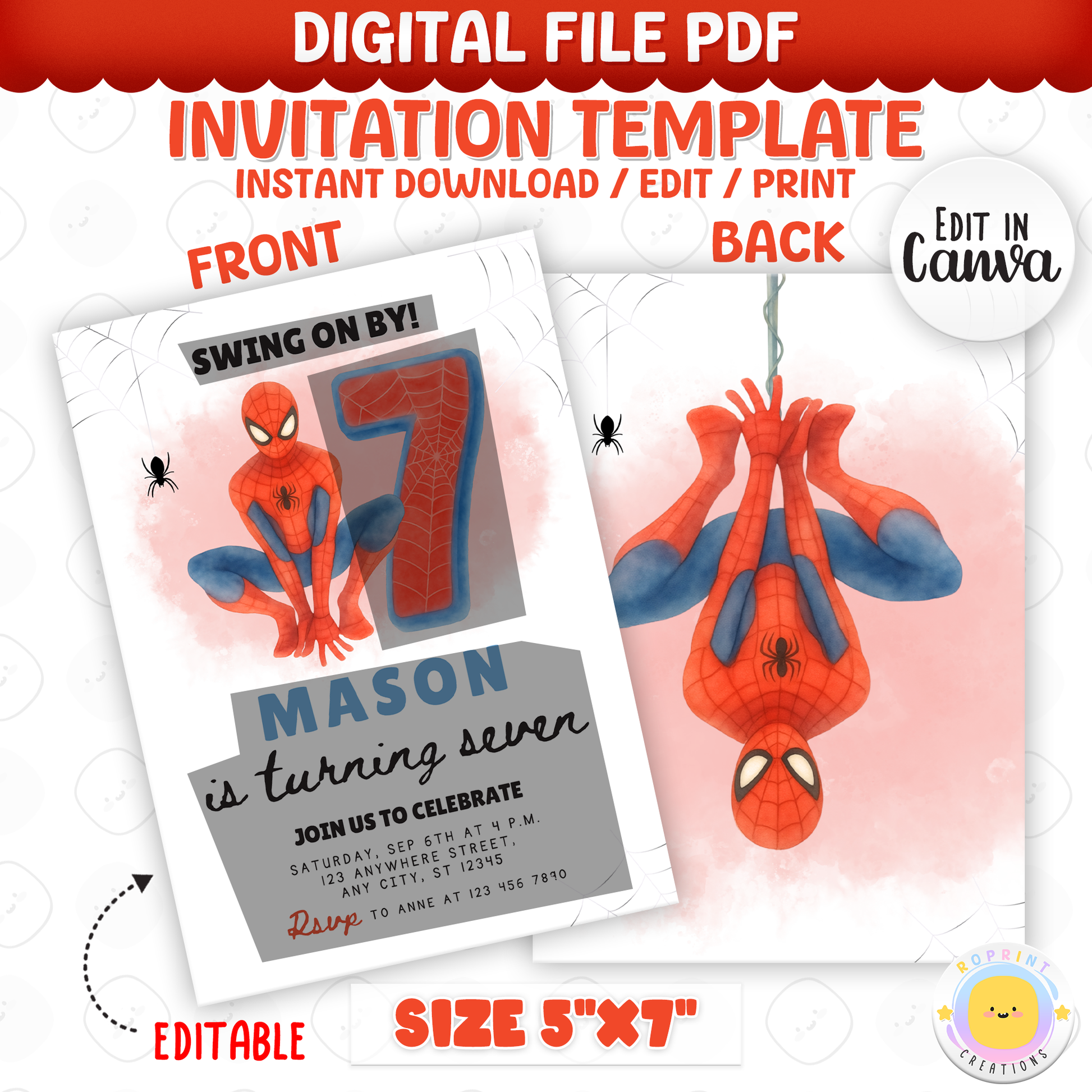 Swing on by for a superhero celebration with this Spiderman birthday invitation template! Easily customize your party details in Canva, then print or share digitally with friends and family. Perfect for Spiderman-themed birthday parties and superhero fans!
