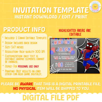 Digital printable Roblox Spiderman inspired birthday invitation, perfect for a superhero-themed kids' birthday party.