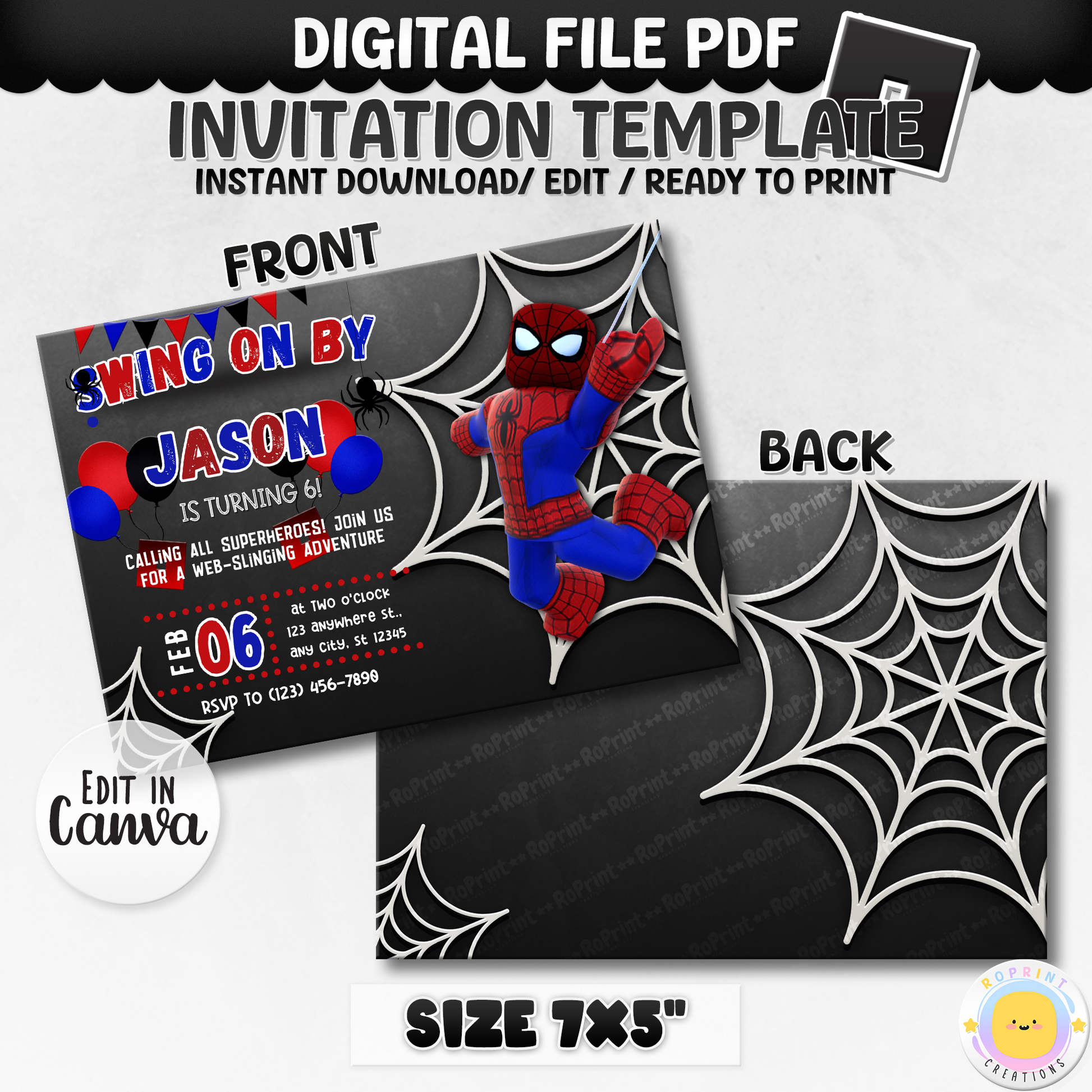 Digital printable Roblox Spiderman inspired birthday invitation, perfect for a superhero-themed kids' birthday party.