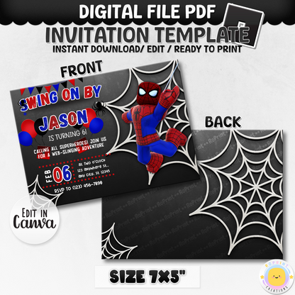 Digital printable Roblox Spiderman inspired birthday invitation, perfect for a superhero-themed kids' birthday party.