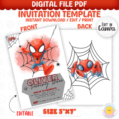 Celebrate your little hero with this Spidey and Amazing Friends birthday invitation template! Easily customize your party details in Canva, then print or share digitally with friends and family. Perfect for superhero-themed birthday celebrations!