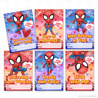 Spiderman inspired Valentine cards for kids, printable classroom Valentine exchange cards with superhero-themed designs