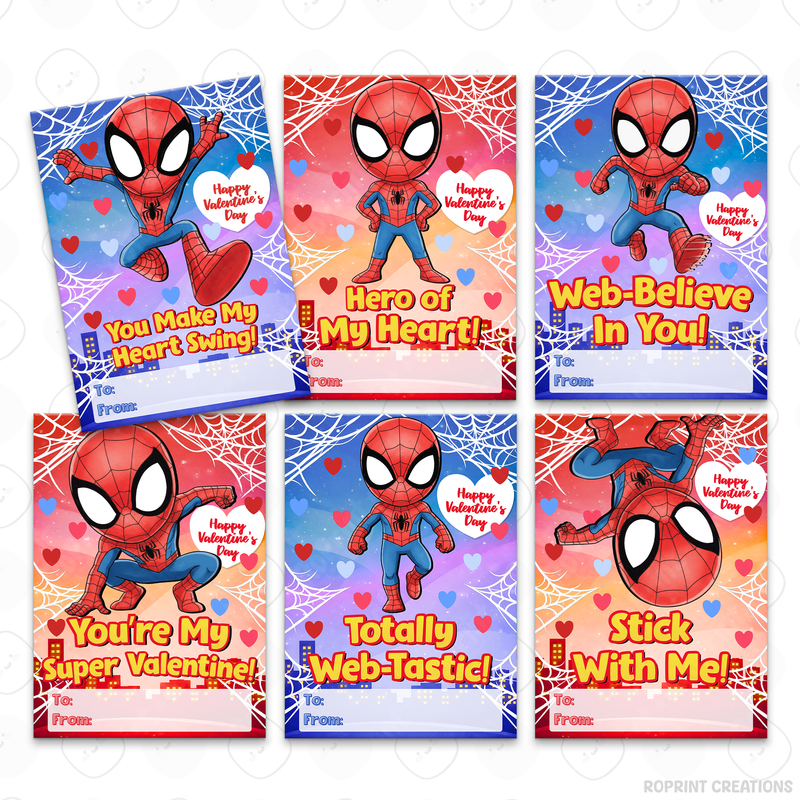 Spiderman inspired Valentine cards for kids, printable classroom Valentine exchange cards with superhero-themed designs