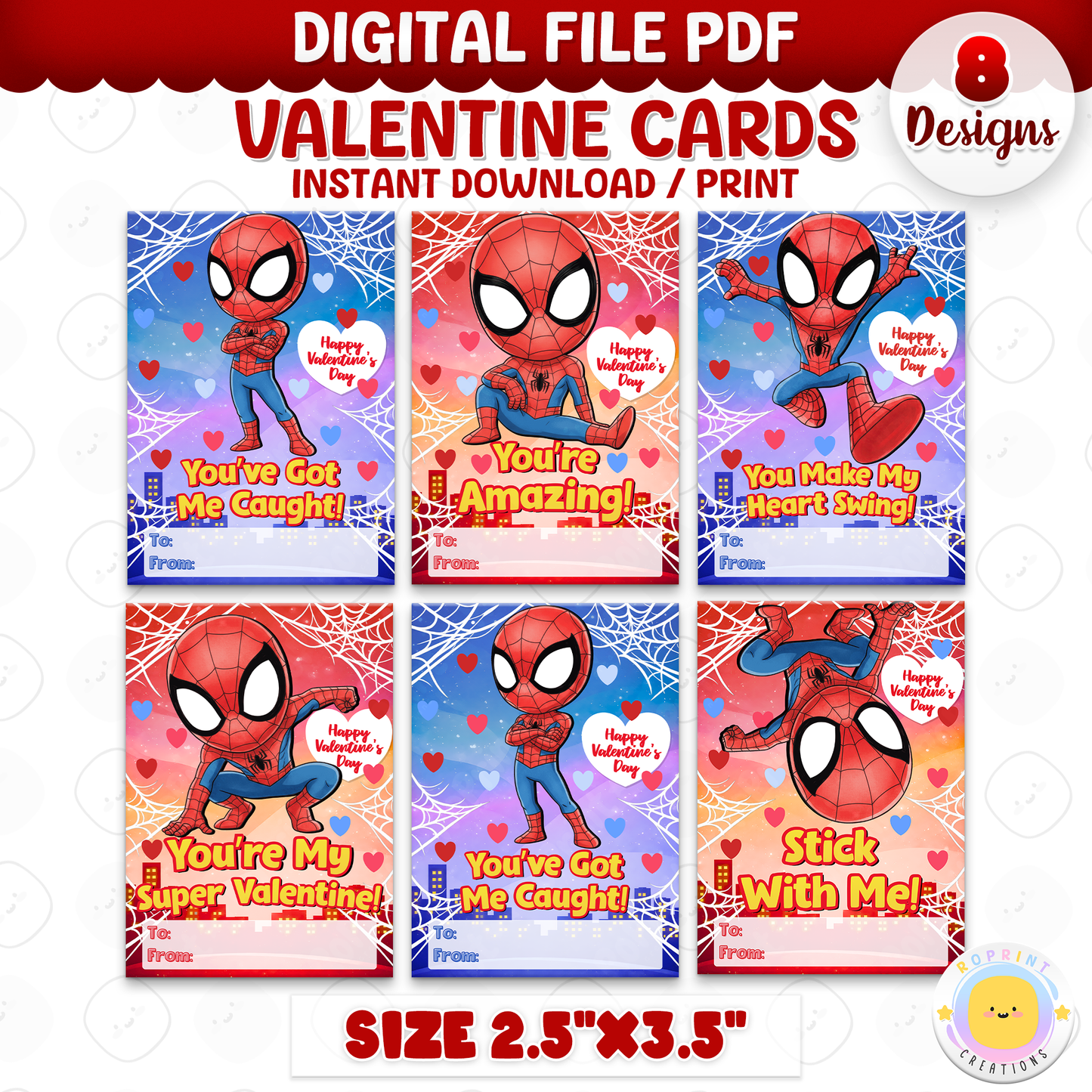 Spiderman inspired Valentine cards for kids, printable classroom Valentine exchange cards with superhero-themed designs