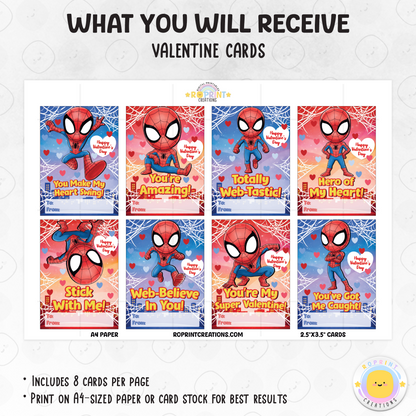 Spiderman inspired Valentine cards for kids, printable classroom Valentine exchange cards with superhero-themed designs