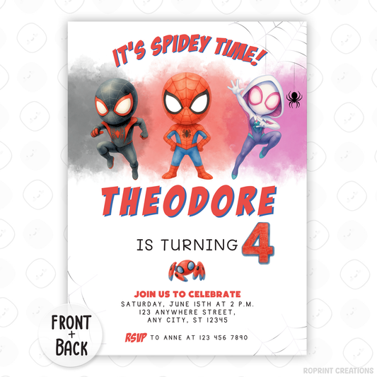 It’s Spidey Time! Join us for an action-packed celebration with this Spidey and Amazing Friends birthday invitation template. Easily edit your party details in Canva, then print or share digitally for the perfect superhero party!