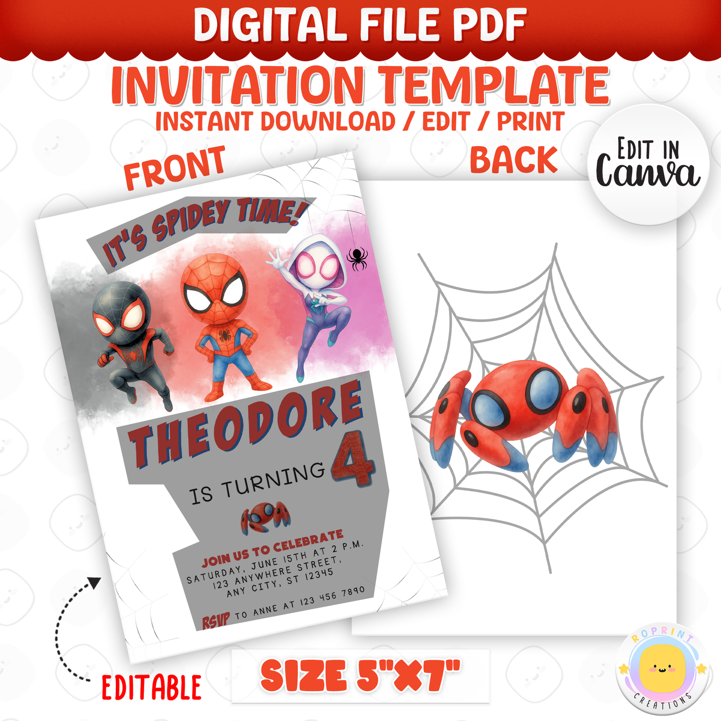 It’s Spidey Time! Join us for an action-packed celebration with this Spidey and Amazing Friends birthday invitation template. Easily edit your party details in Canva, then print or share digitally for the perfect superhero party!