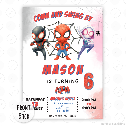 Come and swing by for a Spidey-tastic celebration! This Spidey and Amazing Friends birthday invitation template is easy to edit in Canva, then print or share digitally. It’s Spidey Time for an action-packed superhero party!