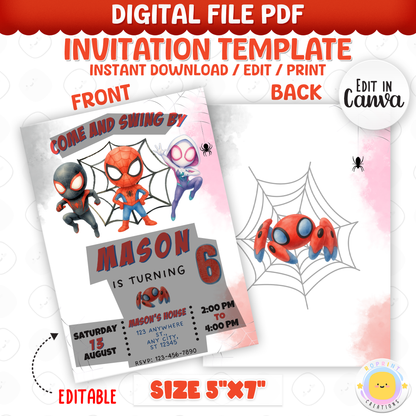 Come and swing by for a Spidey-tastic celebration! This Spidey and Amazing Friends birthday invitation template is easy to edit in Canva, then print or share digitally. It’s Spidey Time for an action-packed superhero party!