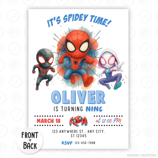 It’s Spidey Time! Celebrate your little hero with this fun Spidey and Amazing Friends birthday invitation template. Easily personalize your party details in Canva, then print or share digitally. Perfect for superhero birthday parties and Spidey fans!🕷️🎉