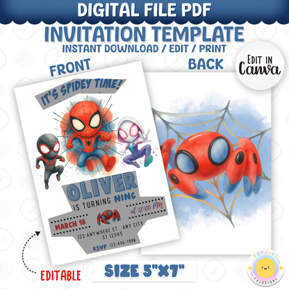 It’s Spidey Time! Celebrate your little hero with this fun Spidey and Amazing Friends birthday invitation template. Easily personalize your party details in Canva, then print or share digitally. Perfect for superhero birthday parties and Spidey fans!🕷️🎉