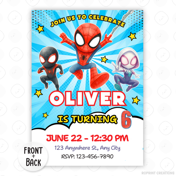 Join us to celebrate with this Spidey & His Amazing Friends birthday invitation template! Easily customize your party details in Canva, then print or share digitally with friends and family. Perfect for superhero-themed birthday parties and Spidey fans!