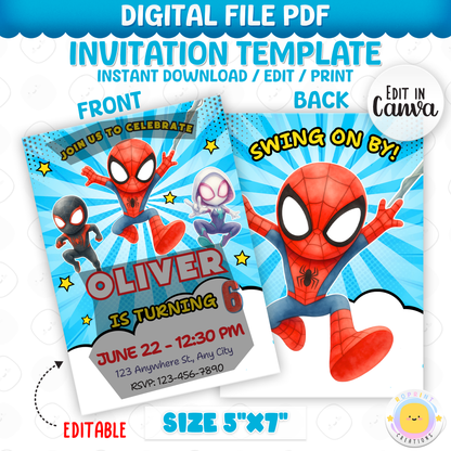 Join us to celebrate with this Spidey & His Amazing Friends birthday invitation template! Easily customize your party details in Canva, then print or share digitally with friends and family. Perfect for superhero-themed birthday parties and Spidey fans!