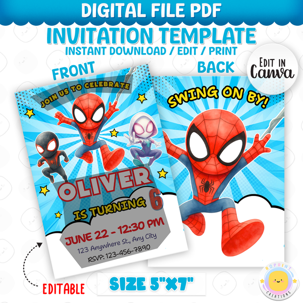 Join us to celebrate with this Spidey & His Amazing Friends birthday invitation template! Easily customize your party details in Canva, then print or share digitally with friends and family. Perfect for superhero-themed birthday parties and Spidey fans!
