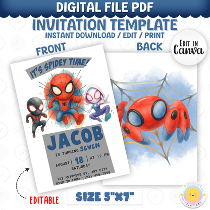 Make your little hero’s celebration extra fun with this Spidey and Amazing Friends birthday invitation template! Easily edit your party details in Canva, then print or share digitally. Perfect for superhero birthday parties and Spidey fans! 🕷️🎉