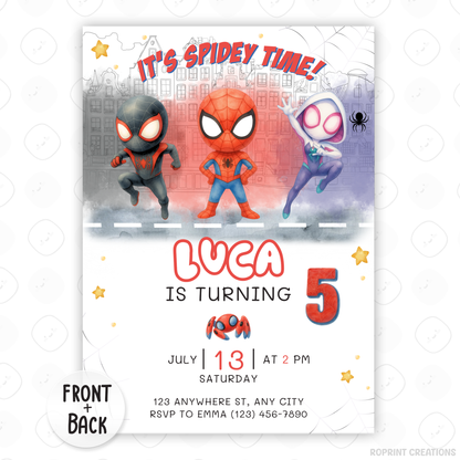 Celebrate with this fun Spidey and Amazing Friends birthday invitation template! This editable superhero party invite is easy to customize in Canva, then print or share digitally with friends and family. Perfect for Spidey-themed birthday parties and kids superhero celebrations! 🕷️🎉
