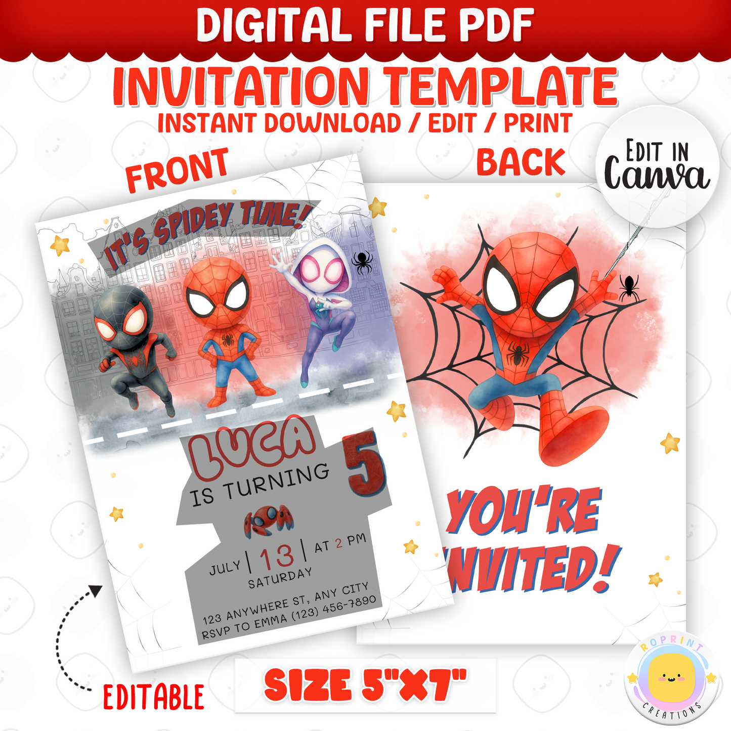 Celebrate with this fun Spidey and Amazing Friends birthday invitation template! This editable superhero party invite is easy to customize in Canva, then print or share digitally with friends and family. Perfect for Spidey-themed birthday parties and kids superhero celebrations! 🕷️🎉