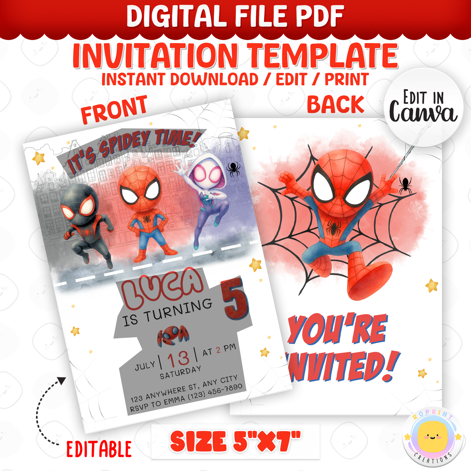 Celebrate with this fun Spidey and Amazing Friends birthday invitation template! This editable superhero party invite is easy to customize in Canva, then print or share digitally with friends and family. Perfect for Spidey-themed birthday parties and kids superhero celebrations! 🕷️🎉