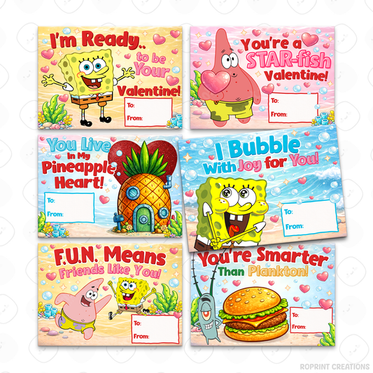 SpongeBob Valentine cards for kids, printable classroom Valentine exchange cards with fun SpongeBob designs