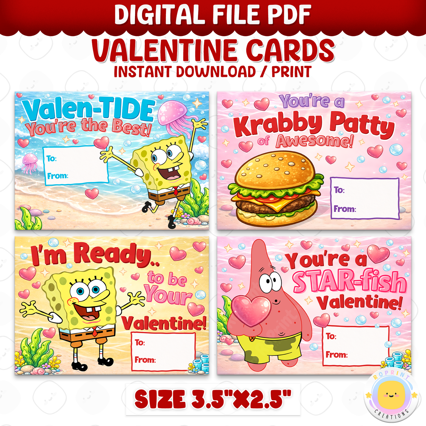 SpongeBob Valentine cards for kids, printable classroom Valentine exchange cards with fun SpongeBob designs