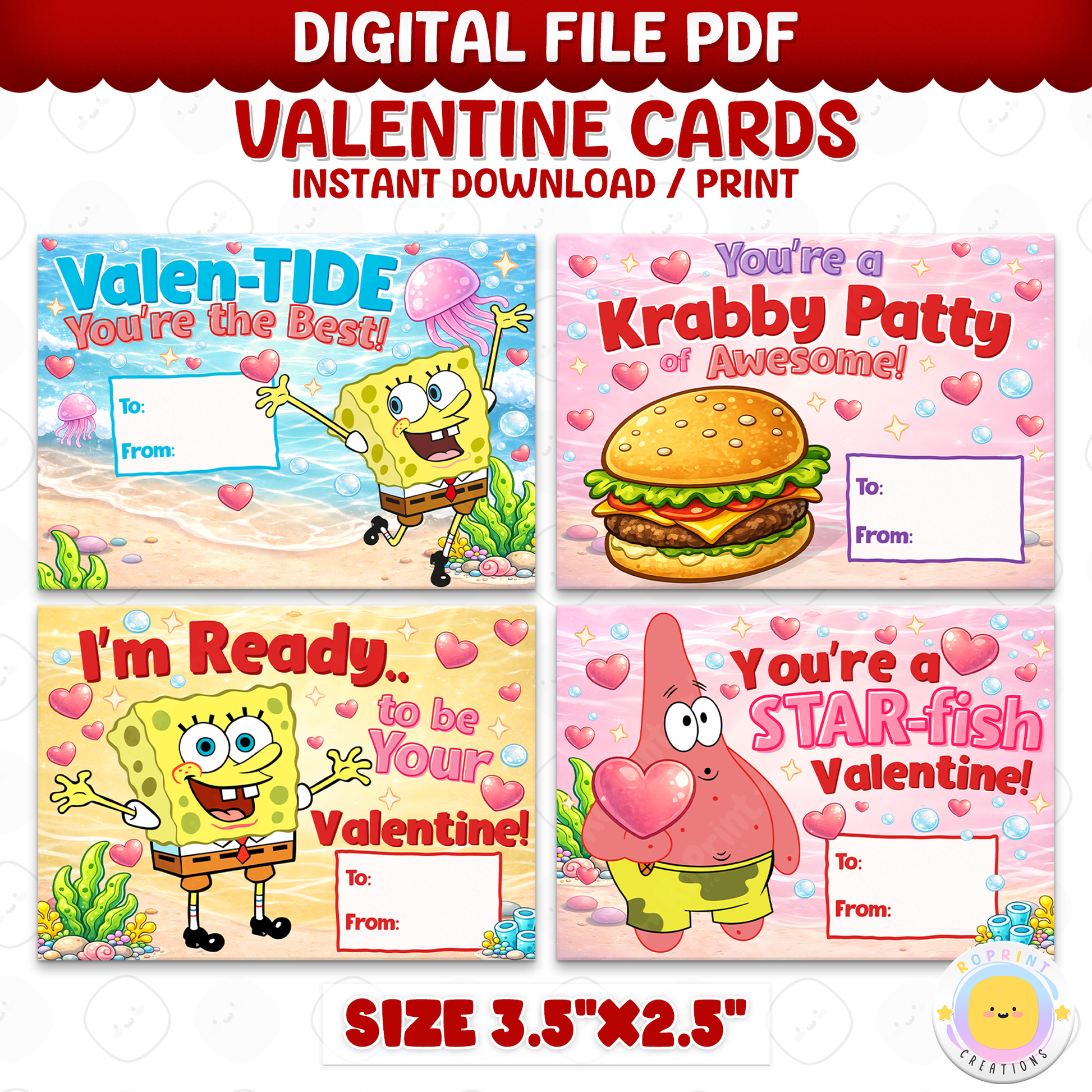 SpongeBob Valentine cards for kids, printable classroom Valentine exchange cards with fun SpongeBob designs