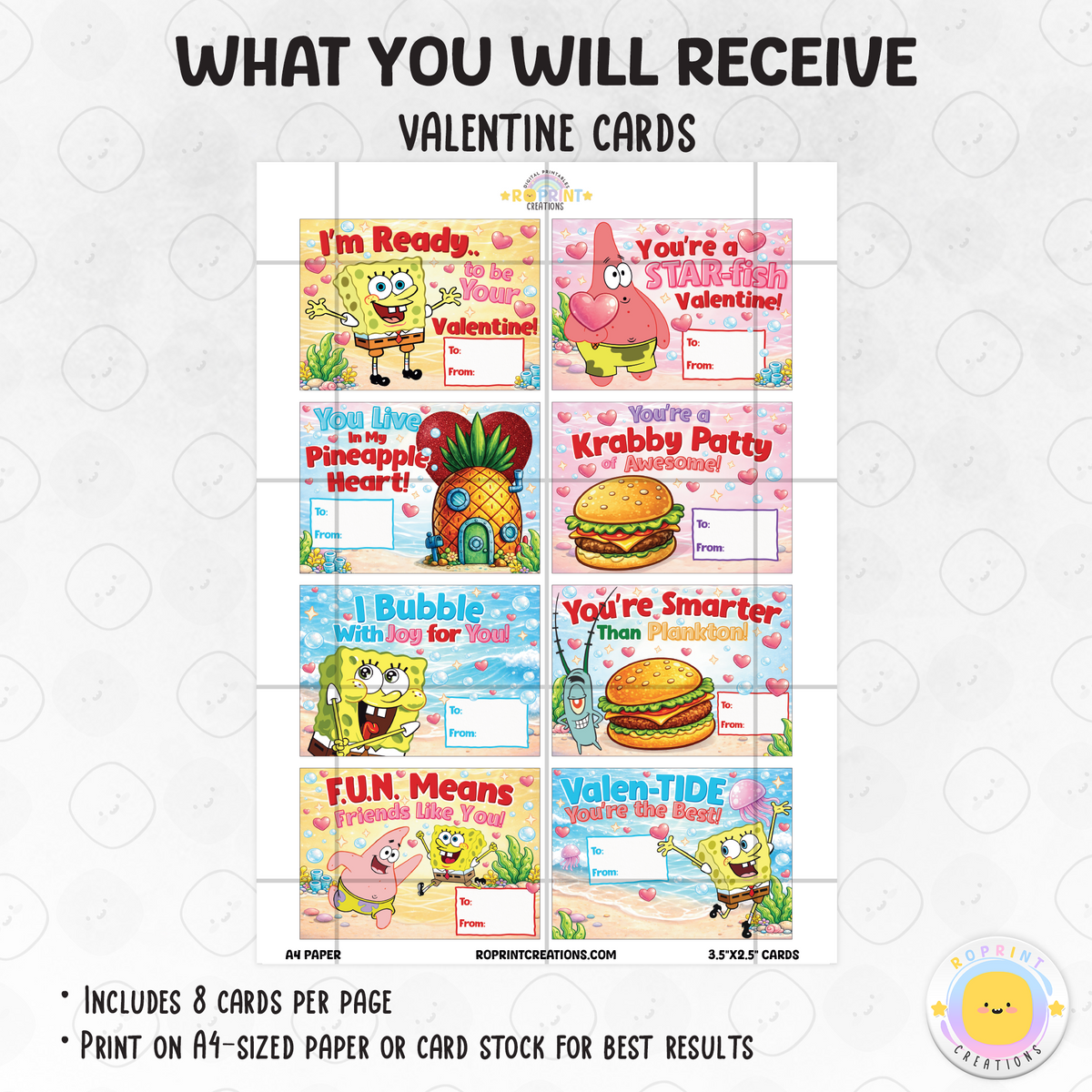 SpongeBob Valentine cards for kids, printable classroom Valentine exchange cards with fun SpongeBob designs