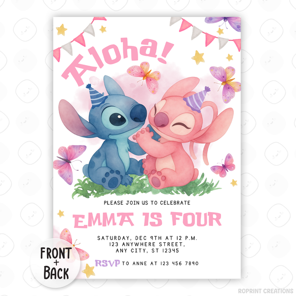 Celebrate with this adorable Stitch & Angel birthday invitation template featuring beautiful butterfly details! Easily customize your party information in Canva, then print or share digitally with friends and family. Perfect for girls’ Stitch-themed birthday parties and tropical celebrations!