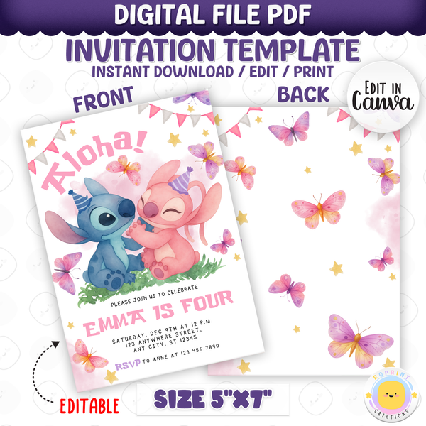 Celebrate with this adorable Stitch & Angel birthday invitation template featuring beautiful butterfly details! Easily customize your party information in Canva, then print or share digitally with friends and family. Perfect for girls’ Stitch-themed birthday parties and tropical celebrations!