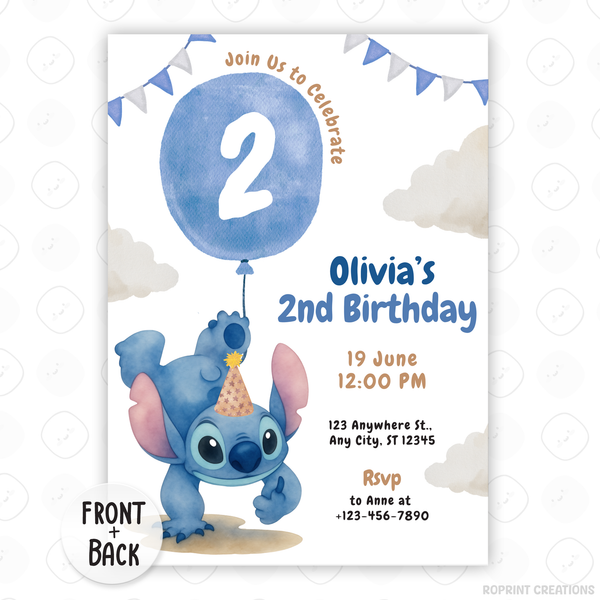 Join us for a celebration with this Stitch birthday invitation template! Easily customize your party details in Canva, then print or share digitally with friends and family. Perfect for Stitch-themed birthday parties and island-inspired celebrations!
