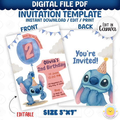 Join us for a celebration with this Stitch birthday invitation template! Easily customize your party details in Canva, then print or share digitally with friends and family. Perfect for Stitch-themed birthday parties and island-inspired celebrations!